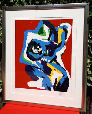 Karel Appel - Sitting under a blazing sun, zeefdruk (zeer mooi ingelijst, groot) kopen? Bied vanaf 1795!