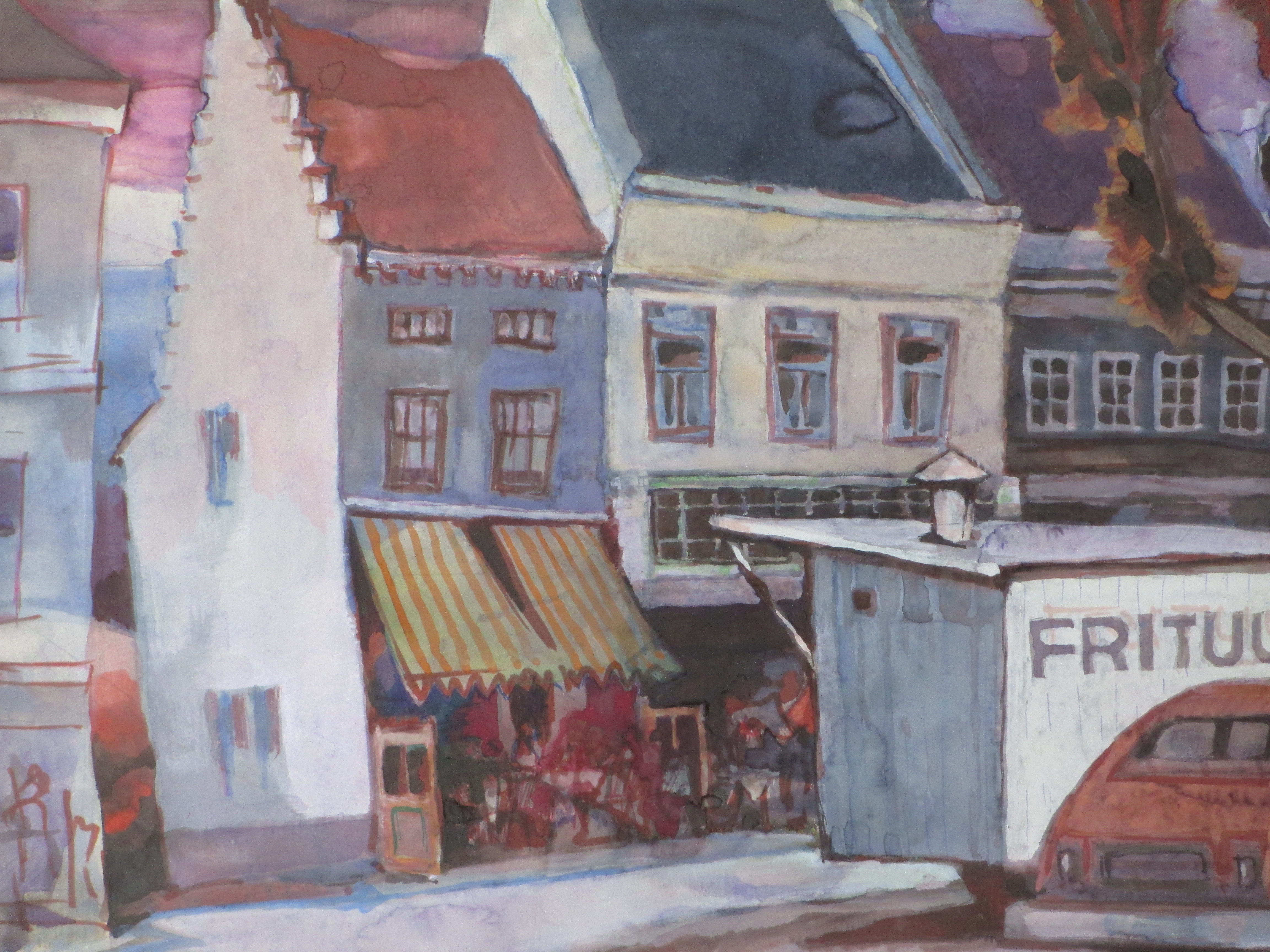 Krijn van Dijke - Marktplein met frituur - Aquarel kopen? Bied vanaf 1!