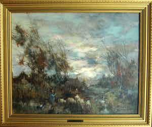 Theodorus van Oorschot - Olieverf op doek , Brabants landschap met herder en schapen – ingelijst verkocht voor € 250!