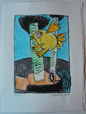 AcheterCorneille - Litho: femme et oiseau jaune - 2000? Enchérissez de 225!