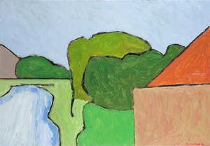 Paul Overhaus - Olieverf op board, Rood dak - Ingelijst kopen? Bied vanaf 60!