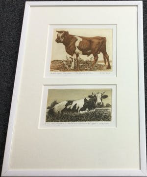 Han van Hagen - Dubbele kleurets/aquatint met koeien | Potter's Stier & Melkunieprent II kopen? Bied vanaf 59!
