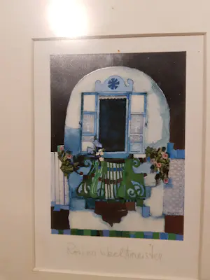 Rosina Wachtmeister - Blauw balkon met bloemen. kopen? Bied vanaf 3!