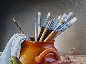 Alfonso Moreno - Stilleven schildersspullen schilderij wijn en fruit. kopen? Bied vanaf 250!