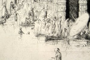 Marius Bauer - Gezicht op de Ganges met badende mensen met tempel op de achtergrond. kopen? Bied vanaf 250!