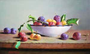 Hans Habraken - emaillen schaal met pruimen verkocht voor € 465!