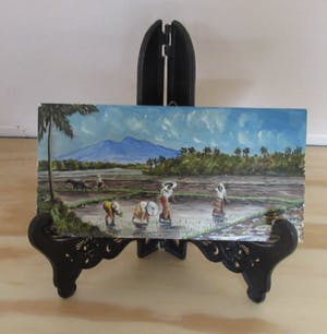 Niet of onleesbaar gesigneerd - Drieluik miniatuur schilderijtjes Indisch Landschap kopen? Bied vanaf 10!