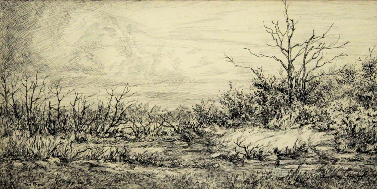 Ton Pape - Landschap, - Inkttekening kopen? Bied vanaf 50!