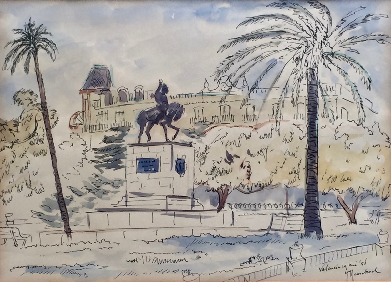 Jan Geusebroek - "Stadsgezicht Valencia (Spanje)". Aquarel. kopen? Bied vanaf 1!