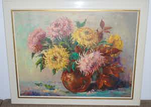Jacobus Doeser - Stilleven met chrysanten - groot olieverfschilderij verkocht voor € 10!