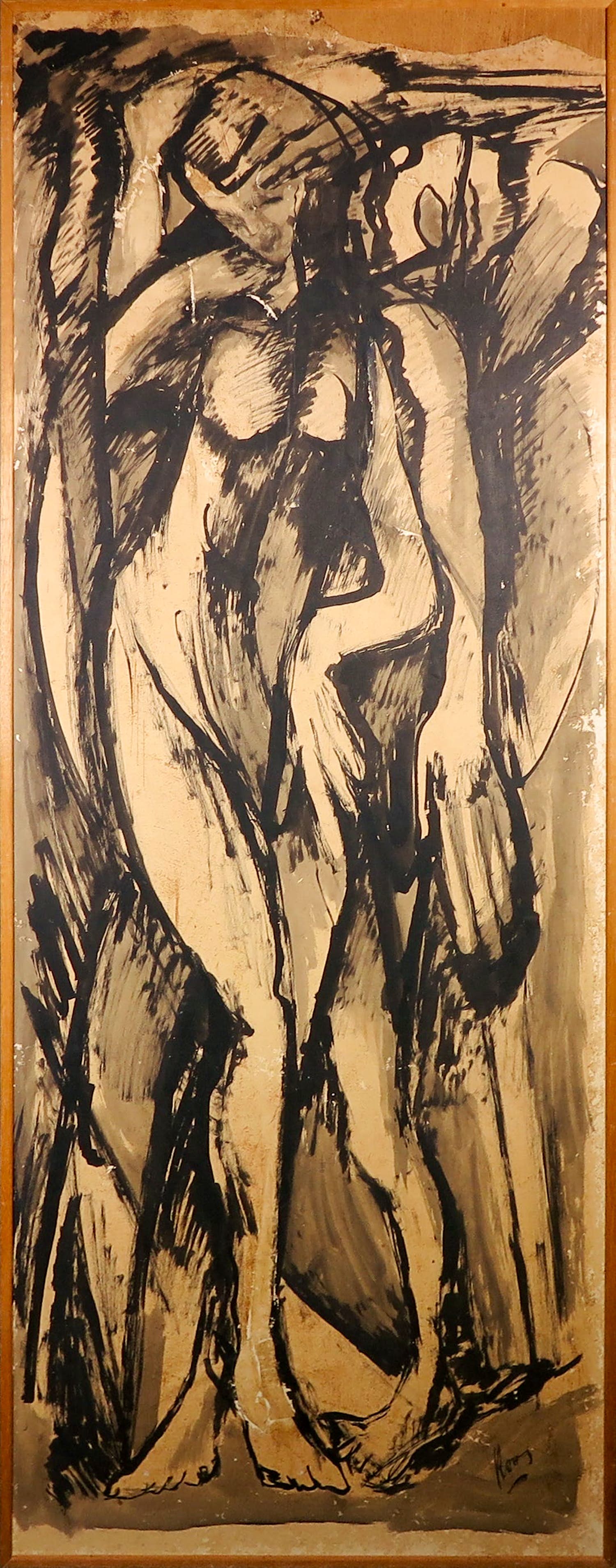 Aart Roos - Gemengde techniek op papier, Vrouwfiguur - Ingelijst verkocht voor € 100!