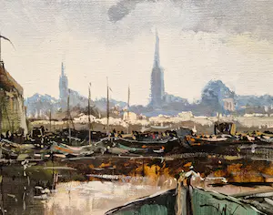 Niet of onleesbaar gesigneerd - Groot olieverf op doek "afgemeerde boten in haven" gesigneerd kopen? Bied vanaf 1!