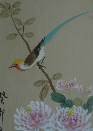 Niet of onleesbaar gesigneerd - Ingelijste gouache op zijde, Japan? China? , Vogel op bloemtak kopen? Bied vanaf 1!