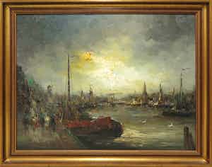 Jan Bevort - Olieverf op doek, Gezicht op Amsterdam - Ingelijst (Groot) verkocht voor € 200!