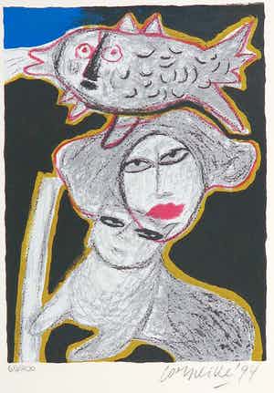 Corneille - Zeefdruk, Femme entre chat et oiseau verkocht voor € 80!