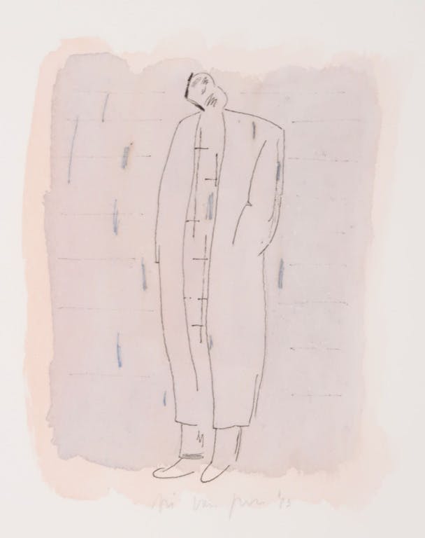 Arie van Geest - Arie van Geest: Aquarel en Pen, Z.T. Figuur in lange jas verkocht voor € 40!