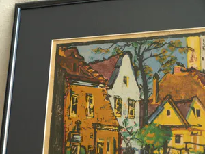 Niet of onleesbaar gesigneerd - Ingelijste kleurenhoutsnede , Stadsgezicht – ca. 1940 kopen? Bied vanaf 1!