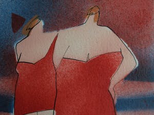 Cora Vries - Ingelijste zeefdruk , The Night , Vrouwen in badpak – Loodskado 1995 kopen? Bied vanaf 45!