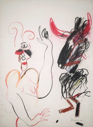 Anton Martineau - Krijttekening, Vrouw met pluimenhoed wenkt een donker dier (Groot) kopen? Bied vanaf 70!