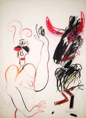 Anton Martineau - Krijttekening, Vrouw met pluimenhoed wenkt een donker dier (Groot) verkocht voor € 70!