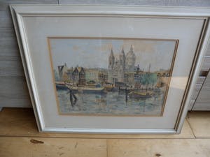 Jan den Hengst - Aquarel. zicht op de St. Nicolaaskerk te Amsterdam. kopen? Bied vanaf 35!