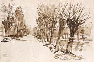 Otto Dicke - Inkttekening, Landweg met knotwilgen in Stolwijk verkocht voor € 1!