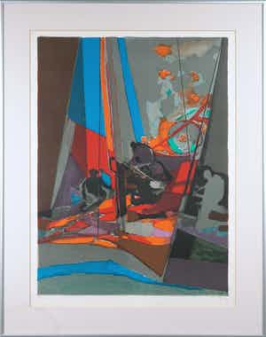 Marcel Mouly - Litho, Sails under the orange moon - Ingelijst verkocht voor € 120!