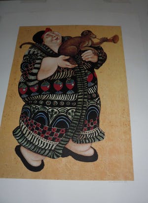 Ada Breedveld - Zeefdruk. z.t. (Dame in kimono met aap) kopen? Bied vanaf 35!