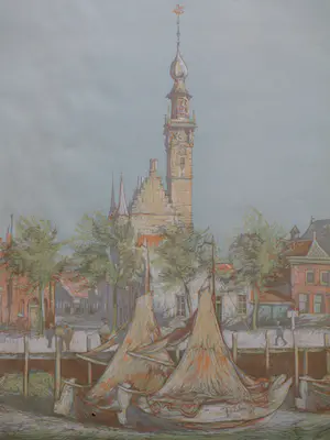 Cees Bolding - Gezicht op de haven van Veere - Litho kopen? Bied vanaf 50!