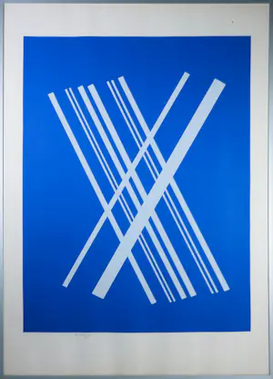 Willem Hussem - Zeefdruk, Compositie met gekruiste lijnen in blauw - Ingelijst kaufen? Bieten Sie von 140!