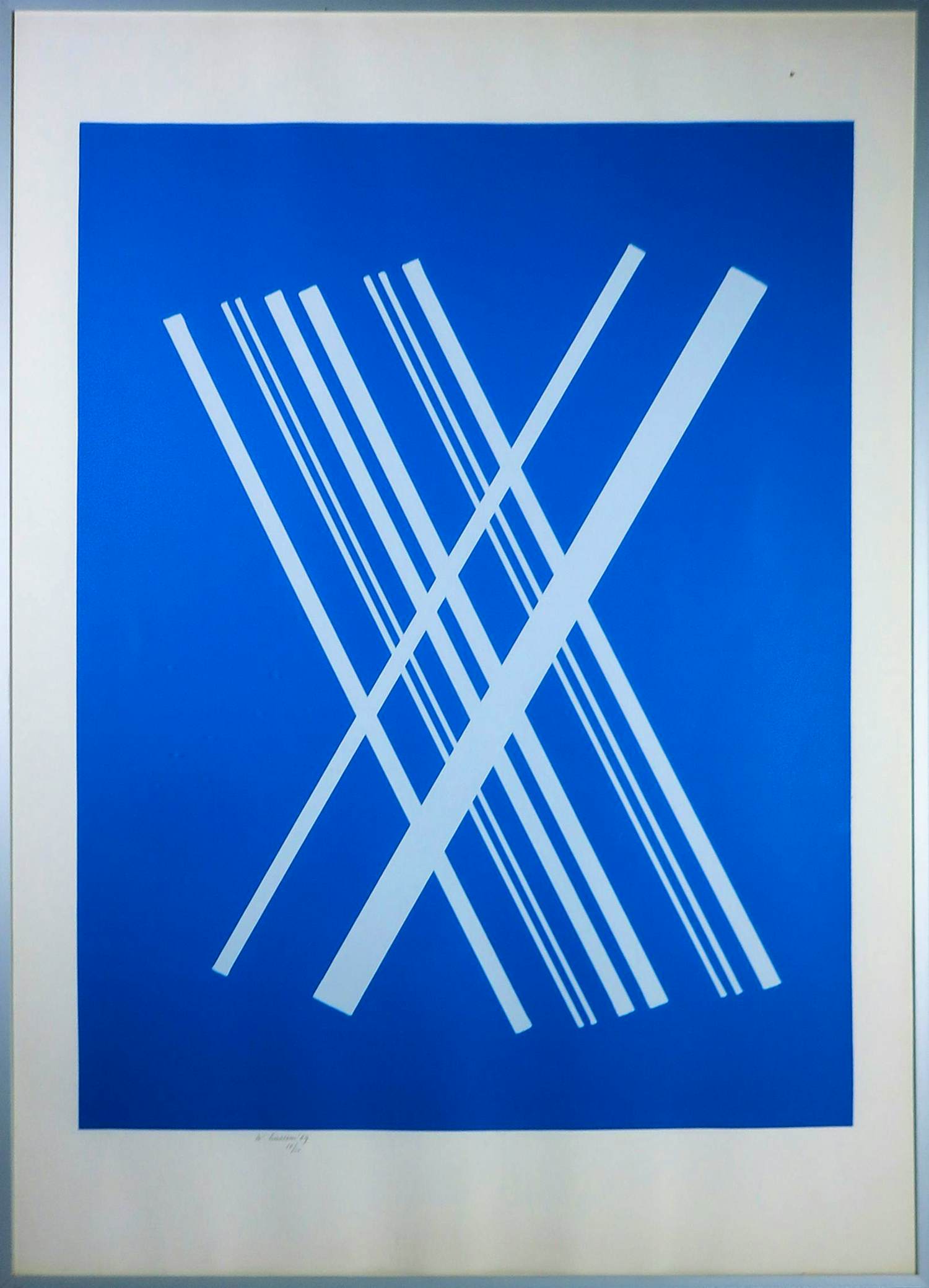 Willem Hussem - Zeefdruk, Compositie met gekruiste lijnen in blauw - Ingelijst kopen? Bied vanaf 200!
