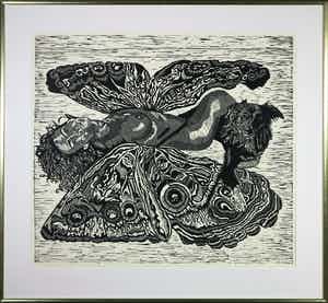 Miranda Penning - Houtsnede, Papillon - Ingelijst (Zeer Groot) verkocht voor € 100!