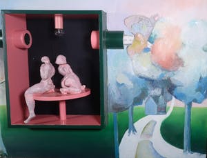 Franscz Witte - Beschilderd houten object met lamp, Landschap met draaiend paar (Groot!) kopen? Bied vanaf 50!