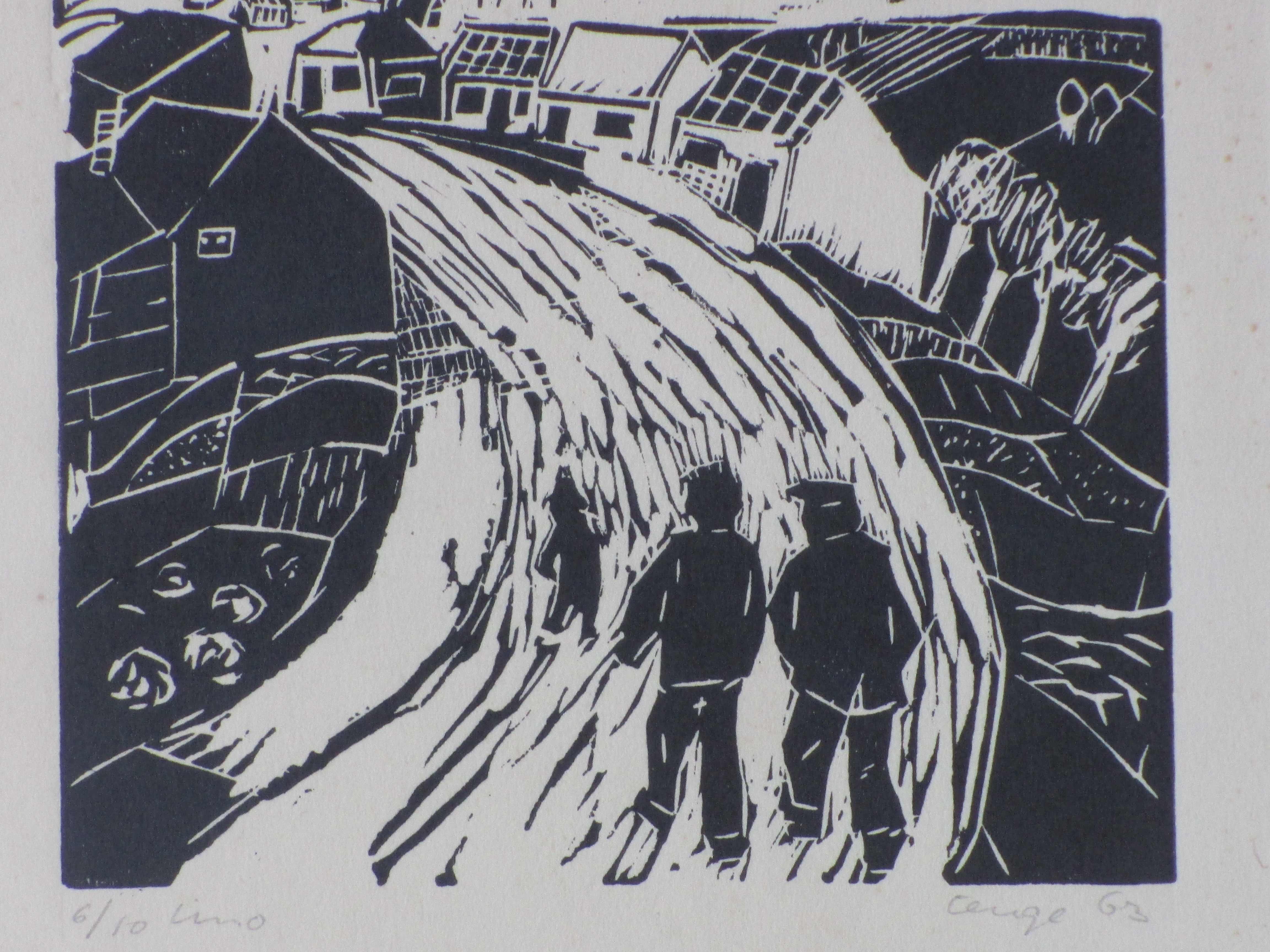 George Degenhart - Dorpsweg met figuren - Linosnede kopen? Bied vanaf 40!