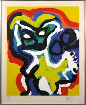 Karel Appel - Zeedruk, Yellow flower head - Ingelijst verkocht voor € 800!