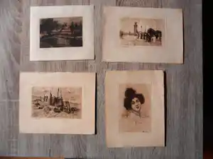 Max Horte - 4 Etsen, Meer met bomen, Visser & vrouw, Portret van een vrouw, Plein met mensen verkauft für € 35!