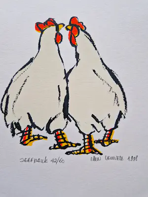 AcheterEllen Meuwese - 2 leuke polychrome zeefdrukken "kippen" - kleine oplage (60) - potloodgesigneerd? Enchérissez de 32!