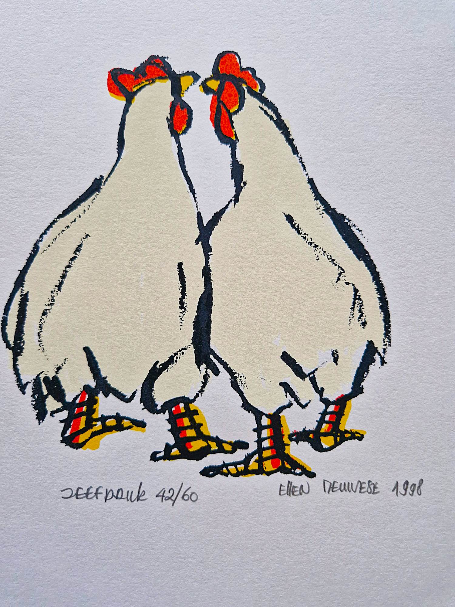Ellen Meuwese - 2 leuke polychrome zeefdrukken "kippen" - kleine oplage (60) - potloodgesigneerd kopen? Bied vanaf 32!