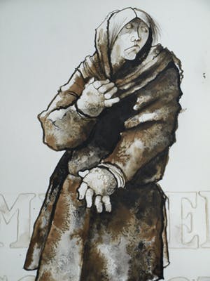 Niet of onleesbaar gesigneerd - 2x Ingelijste inkttekening , “Berthold Brecht & Mutter Courage” kopen? Bied vanaf 1!