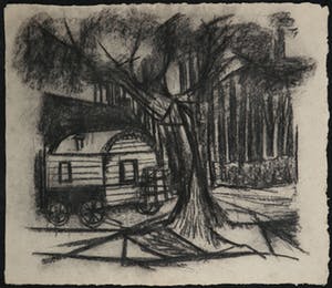 Dick Elffers - Houtskool op geschept papier, Landschap met kar kopen? Bied vanaf 1!