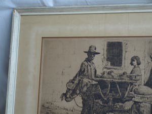 Louis Bron - Ets, Straatverkoper met ezel - gesigneerd & ingelijst – ca 1925 kopen? Bied vanaf 35!