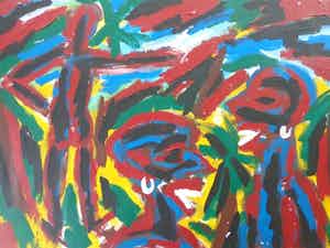Jan de Beus - ABSTRACTE FIGUREN / OLIEVERF KARTON / 53x73cm verkocht voor € 225!