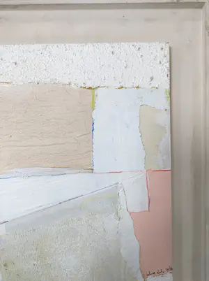 Helma Dietz - Collage op paneel, Abstracte compositie in wit en bruin - Ingelijst kopen? Bied vanaf 50!