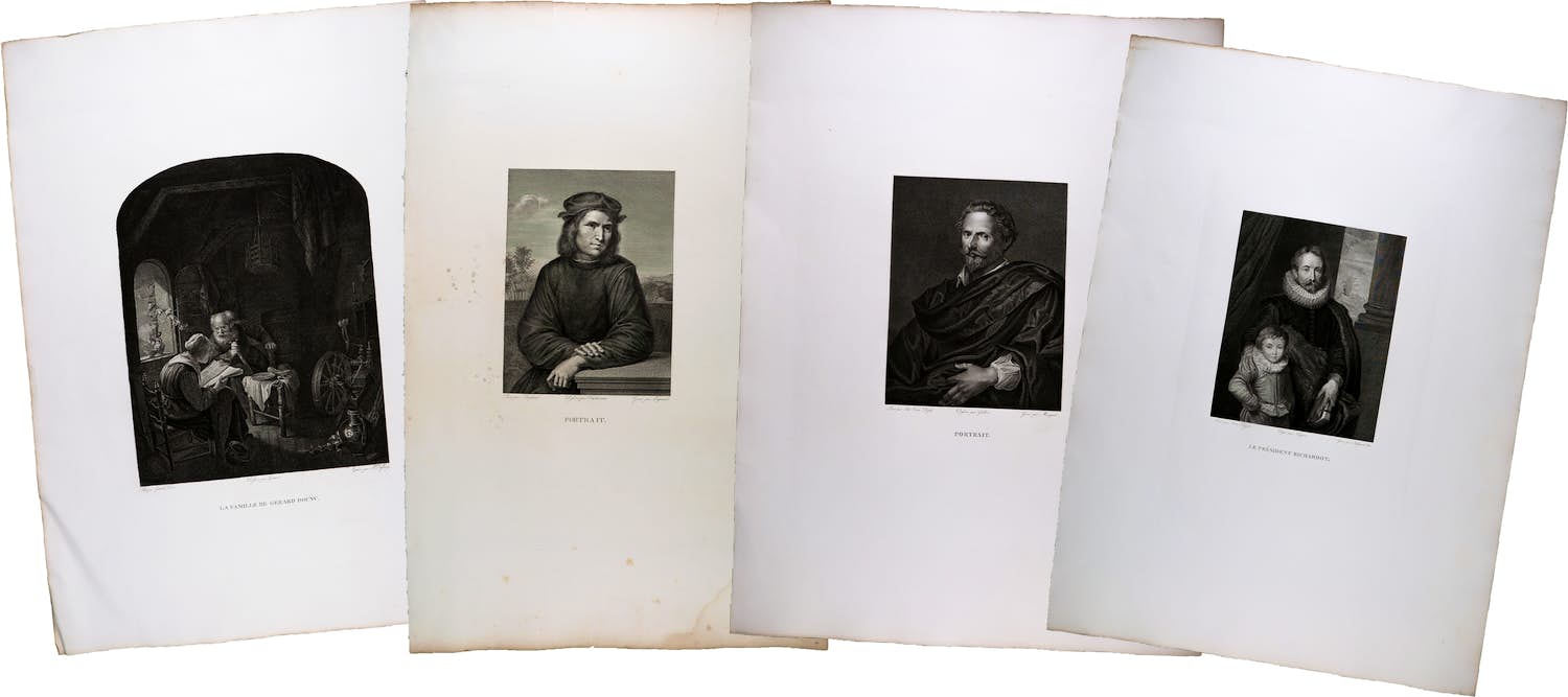 Niet of onleesbaar gesigneerd - Lot van vier kopergravures, Voorstellingen van grote meesters kopen? Bied vanaf 1!