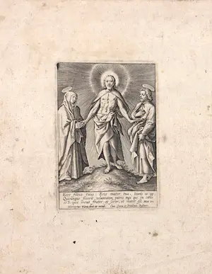 Hieronymus Wierix - Gravure, Herrezen Christus vergezeld door Maria en Johannes de Doper kopen? Bied vanaf 1!