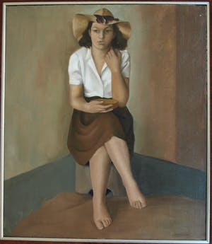 Elly du Clou-Bruggeman - Olieverf op doek , Vrouw met hoed, Zelfportret? – Groot kopen? Bied vanaf 100!