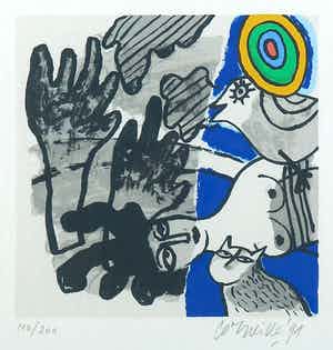 Corneille - Litho, Femme avec l'oiseau et chat - Ingelijst verkocht voor € 1!