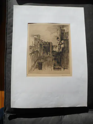 Armand Coussens - Gezicht op een stad in het Zuiden. Ets en droge naald kopen? Bied vanaf 10!