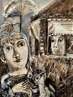 Mieke Kemming-Stork - karakteristieke "Fabel" aquarel in blauw "vrouw met kat" gesigneerd kopen? Bied vanaf 29!