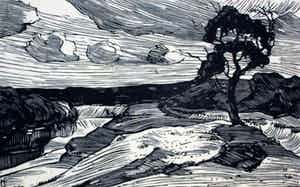 Han Krug - Houtsnede: Eenzame treurwilg - 1923 verkocht voor € 45!